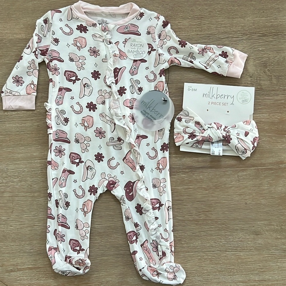Milkberry Baby Girl Bamboo Footie Sleeper with headband 0-3 3-6 months cowgirl